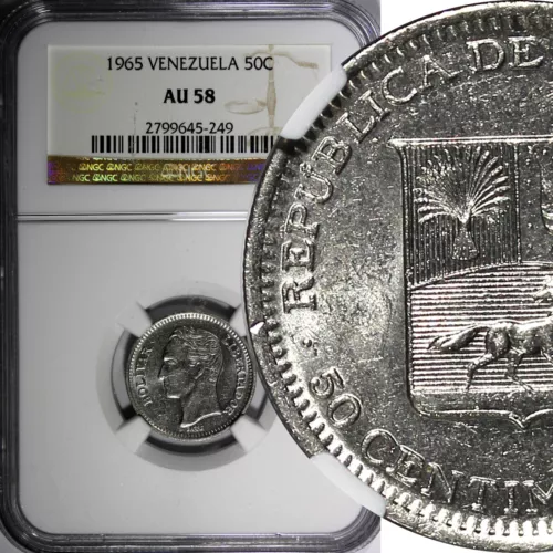 Venezuela Nickel 1965 50 Centimos Simon Bolivar NGC AU58 Y# 41 (249)
