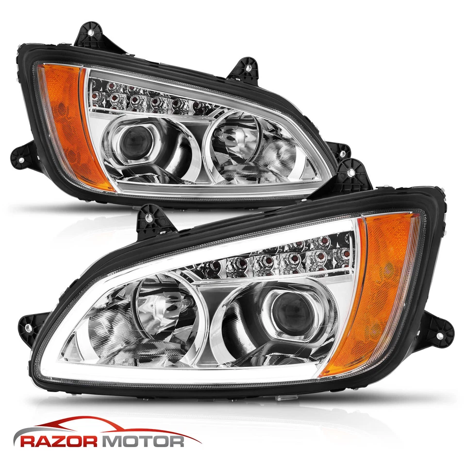 2008-2017 LED Bar +Turn Signal Chrome Projector Headlight Pair For Kenworth T660 - Image 2 of 4