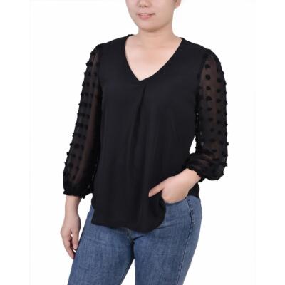 NY Collection Womens Swiss Dot V-Neck Top Blouse Shirt Petites BHFO 1982
