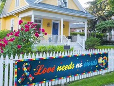 Love Needs No Words Fence Banner Autism Awareness Puzzle Blue, Rad, Yellow