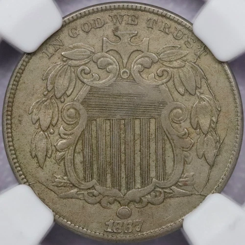 1867 No Rays 5c Shield Nickel - NGC AU 50