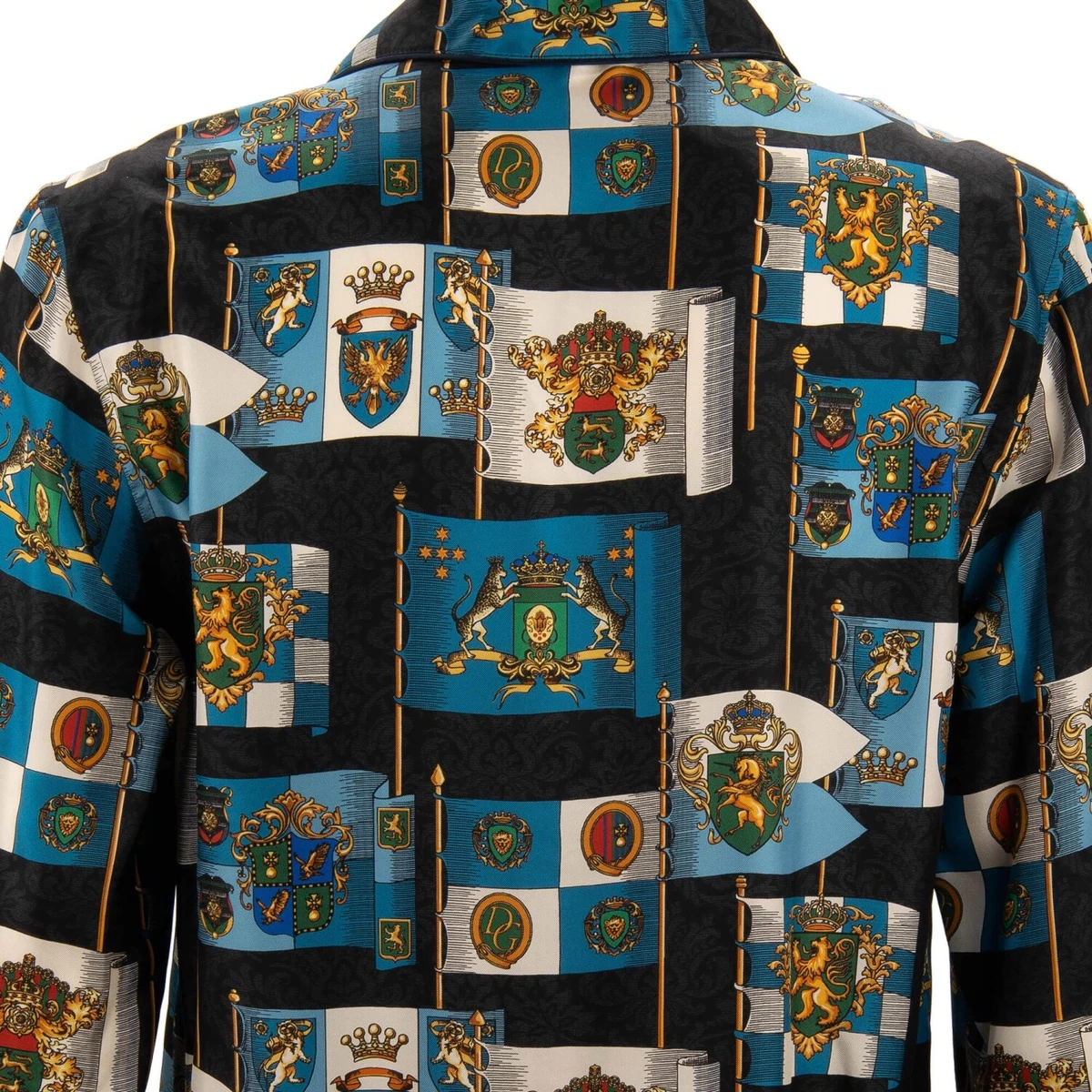 Dolce & Gabbana Barroco Corona León Escudo Estampado Seda Camisa Negro Azul