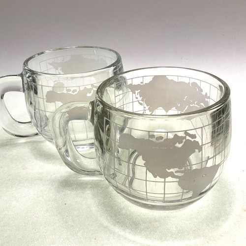 Nescafe World Globe Etched Glass Coffee Mugs Set 2 1970s Vintage