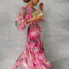 Long-sleeved Floral Print Dress Elegant V-neck Pleated High-waisted Big Swing Ch