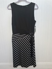 Lauren Ralph Lauren Women’s 14 Black White Striped Fit Flare Tie Waist Dress NEW