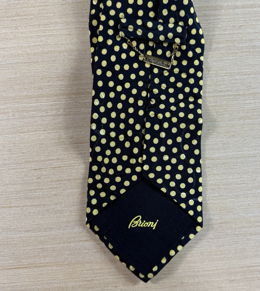 "Corbata de seda Brioni para hombre amarilla a lunares hecha a mano ITALIA 57""" Foto 3 de 4