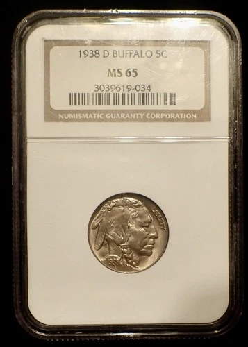 1938-D Buffalo Nickel, Final Year Issue, Older Holder, Gem Original, NGC MS65
