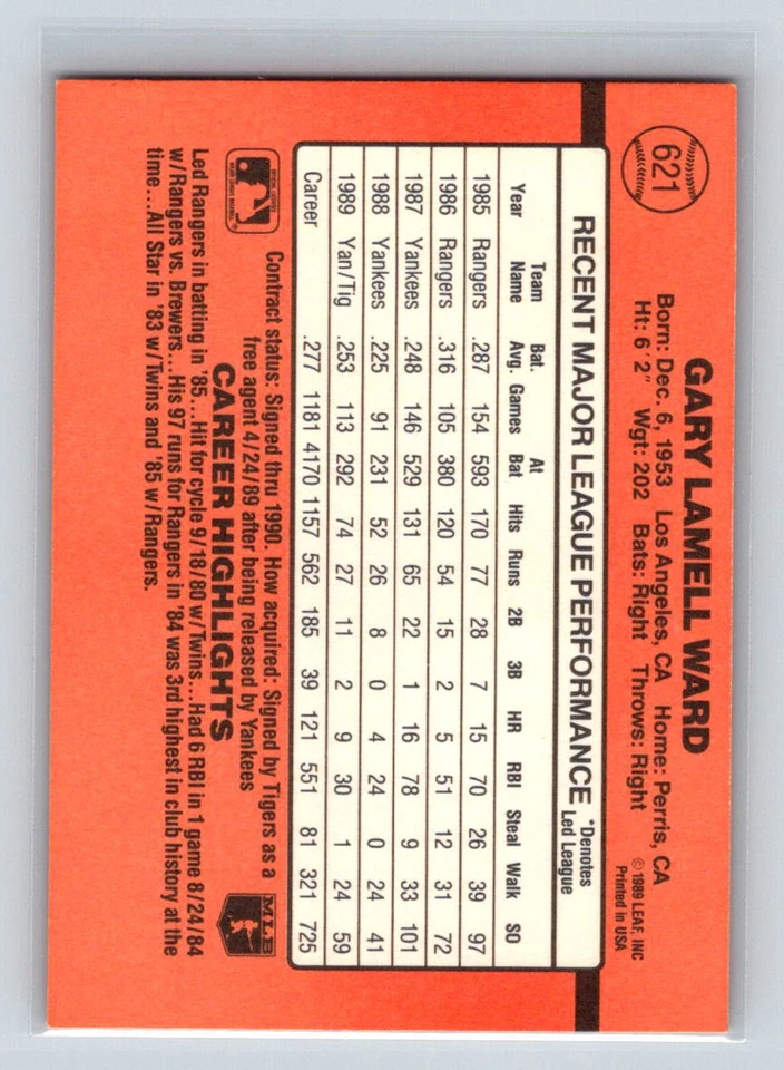 1990 Donruss #621a Gary Ward - Image 2 of 2