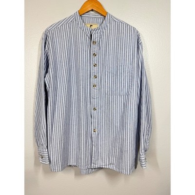 Lee Valley Shirt Mens Large Blue Grandfather Shirt Striped Band Collar Cotton