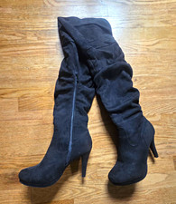 Women s Black Knee-High Faux Suede Ruched Rou...