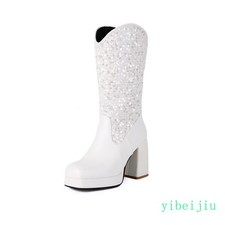 Womens Mid Calf Boots Sequins High Block Heel Shoes Platform Casual Splice Warm