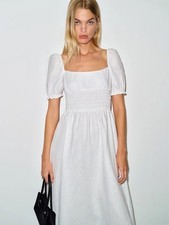 NEW Reformation Adler Linen Midi Smocked Puff Sleeve Dress White US 4 UK 8
