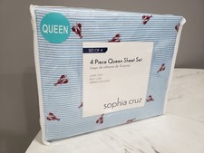 NEW 4 PC QUEEN SIZE sheet set lobster print nautical beach blue chambray stripes