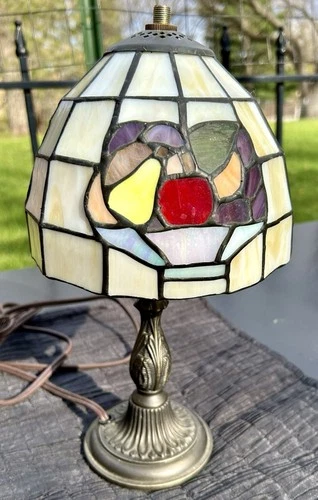 Vintage Tiffany Style Stained Glass Lamp Fruit Bowl Slag Glass Accent Light 13”