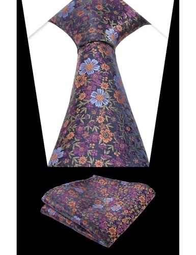 Mens Floral Necktie with Pocket Square for Wedding 129-dark Purple+orange image 4