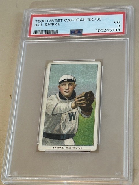 1909-11 T206 SWEET CAPORAL BILL SHIPKE PSA VG 3 WASHINGTON BASEBALL CARD.