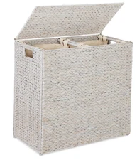 Large Natural Water Hyacinth Double Laundry Hamper Basket W/ 2 Liner Bags Handle