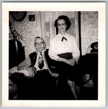 Vtg B&W Snapshot Elderly Couple Glasses Patterned Tie Rotary Phone Interior