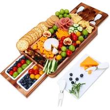 Large Acacia Wood Cheese Board Set Charcuterie Board w/ Drawers Marble Cutlery