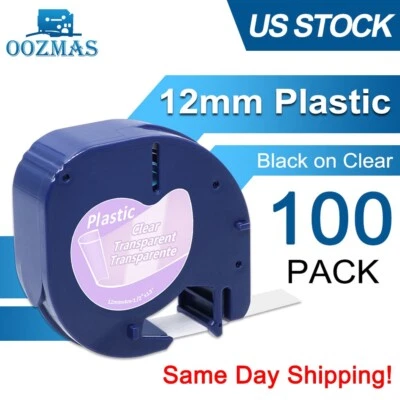 OOZMAS 100PK Compatible Dymo LetraTag 16952 12mm Plastic Label Tape Clear LT-100H 100T