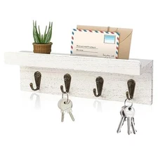 Rustic Key Holder for Wall Farmhouse Wall Shelf with 4 Hooks Wall Mounted 