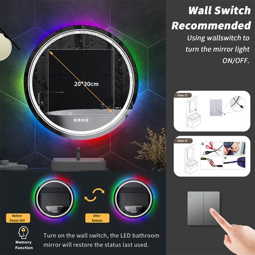 Large Bathroom HD Vanity Mirror RGB Multicolor Backlit+Adjustable Front-Lighted - Picture 22 of 22