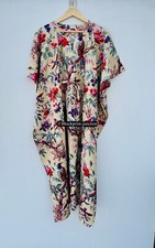Indian Beige Long Bird Print Cotton Hippie Maxi Women Nightwear Caftan Dress