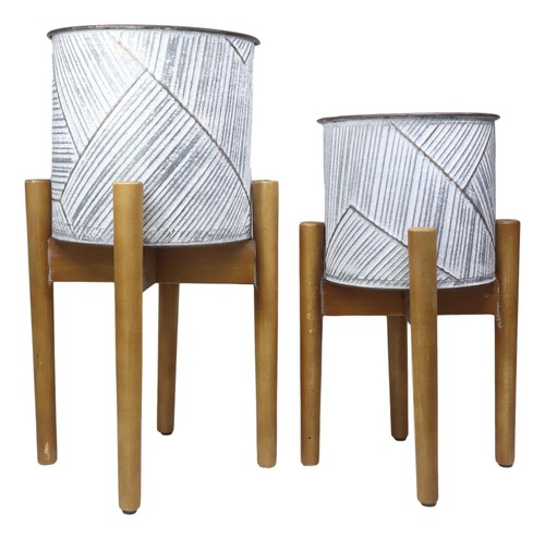 Set Of 2 Transitional White And Gray Pressed Tin Planters Pots With Wooden Base - Picture 4 of 6