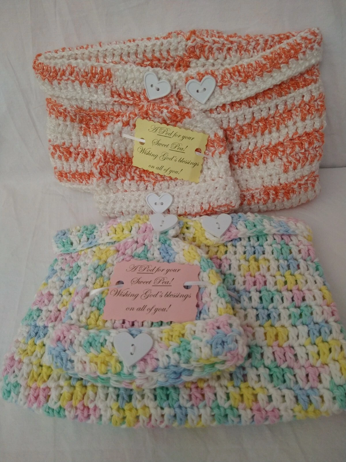 Handmade Crochet Baby Cocoons Pods Sleepsacks n Beanies Pink White Orange 4pcs