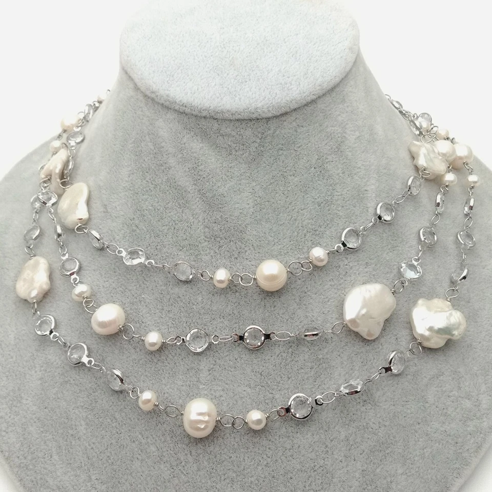 Collar Largo Cadena Pavé Circonita Circonita Chapado en Oro Blanco Perla Keshi Blanca Cultivada 42" Foto 2 de 4