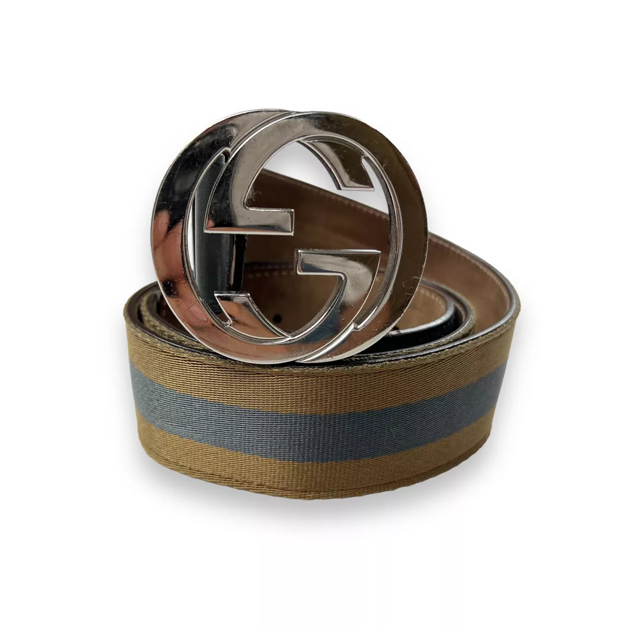 Ceinture Gucci bleu et beige toile rayée argentée boucle GG