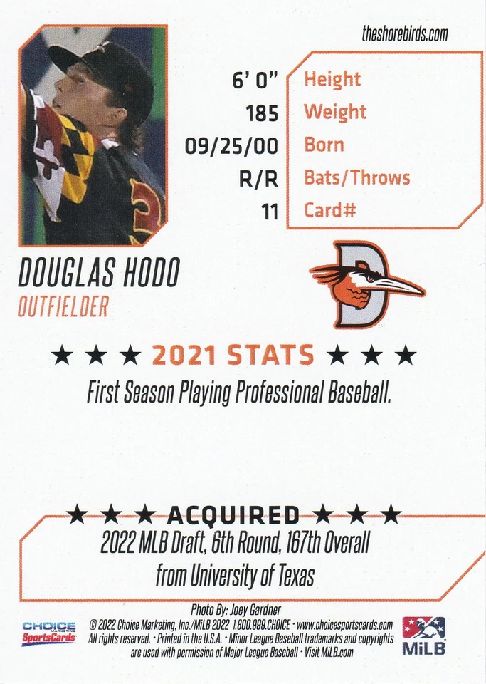 Douglas Hodo Signed IP 2022 Delmarva Shorebirds Card #11 Baltimore Orioles! - Image 2 of 2