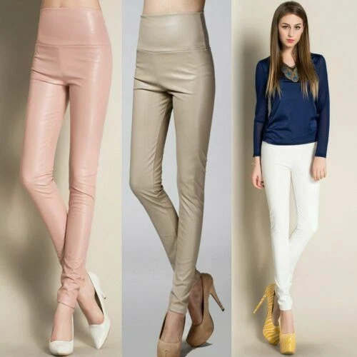 Faux Leather Beige Trousers for Women