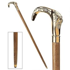 Lion Head Handle Wooden Walking Stick Shaft Cane Gift Vintage Style Solid Brass