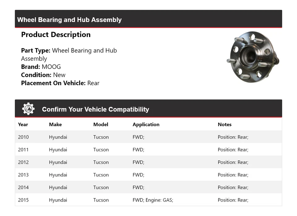 Conjunto de cojinete de rueda y buje trasero MOOG 2010-2015 para Hyundai Tucson tracción delantera 2010 Foto 2 de 4