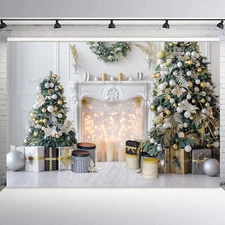 10x8ft Winter White Fireplace Green Christmas Tree Photo Background Studio Props