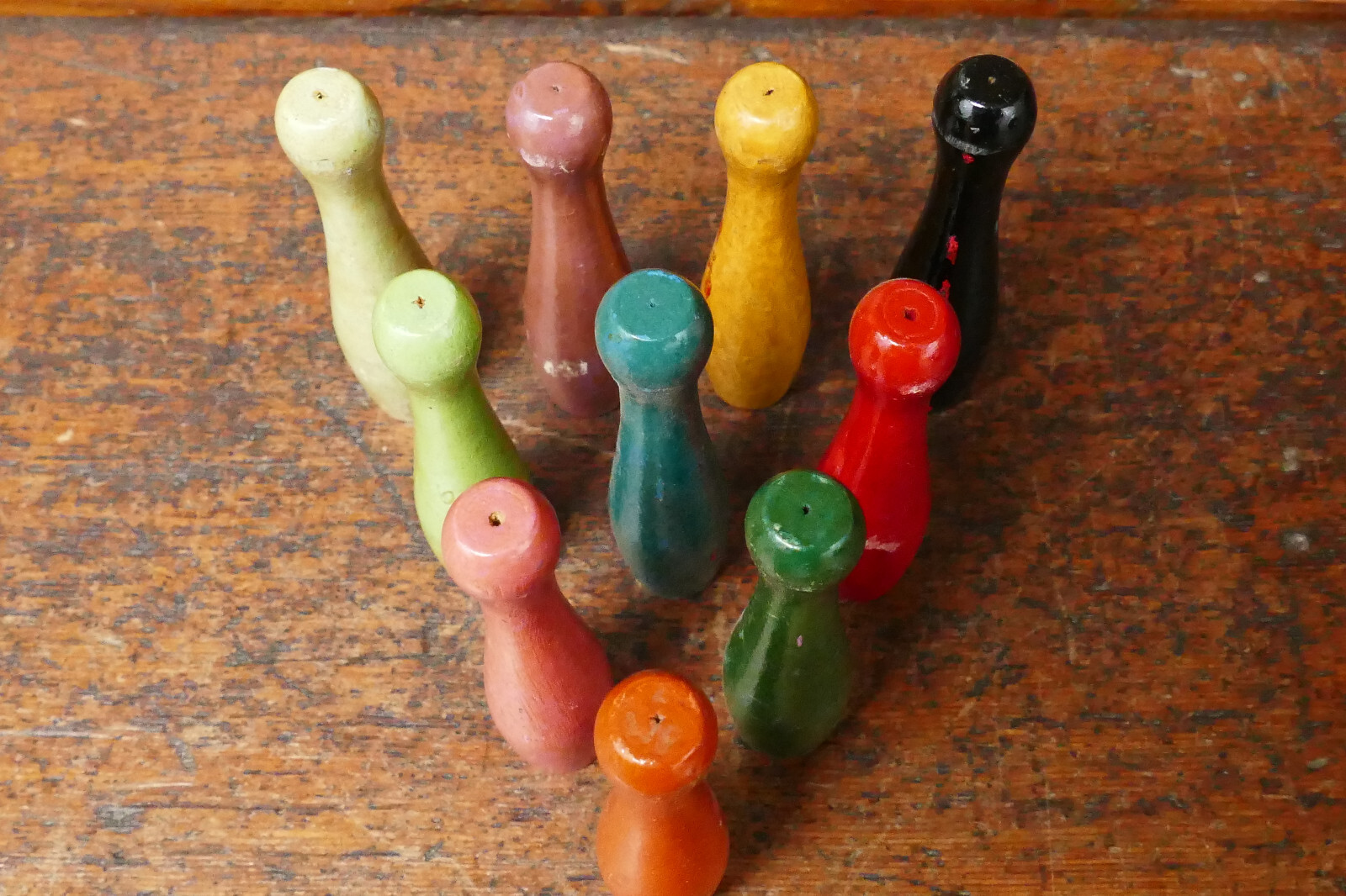 Vintage Antique Wood Bowling Pins Set of 10 Pins w/ Ball 4” Tall