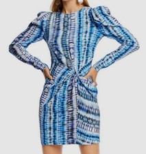 $449 Lini Women's Blue White Puff Long-Sleeve Tie-Dye Twist Sheath Mini Dress L