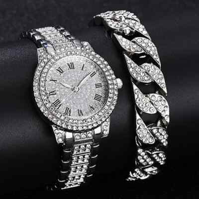 Hip Hop Bracelet Ladies Quartz Watch 1/2pcs Luxury Women Diamond Watches Rose