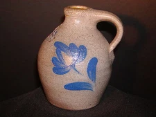 Vintage Rowe Pottery Handmade Cobalt Blue Floral Slip Design Ovoid JUG 1984 OOAK