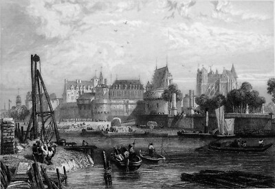 NANTES: The CASTLE and the CATHEDRAL from the quays of LOIRE - 19th century engraving