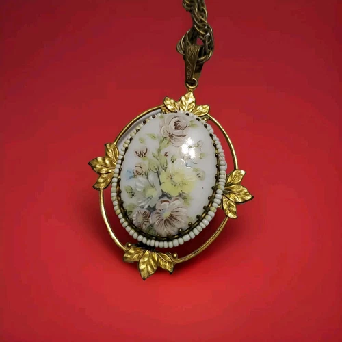 Vintage Jewelry, Signed MIRIAM HASKELL Chain Necklace, Flower Bouquet Cameo