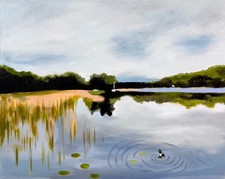 Lake Side Field oil painting On Canvas realistic Landscape Trees Duck Art Signed