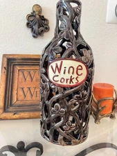 Decorative Ceramic Wine Cork Holder Bottle – Cutout Vine Design, 14” Tall