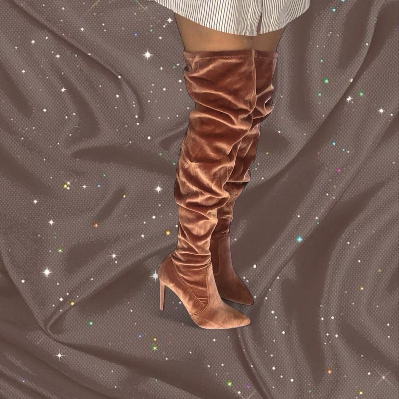 Rose Pink Velvet Ruched Knee High Boots Stiletto Heel Pointed Toe Women’s 6.5