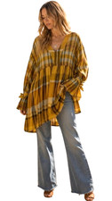Free People Falling Stars Dress Cotton Blend Yellow Plaid XS Mini Tunic Pockets