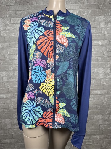 24 & Ocean Large Blue Leaf Long Sleeve Full Zipper Front Rash Guard Swim Shirt