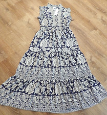 London Times Womens 12 Long Sleeveless Flare Layered Navy/Beige Maxi Dress