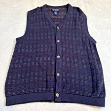 Roundtree Yorke Men's Button Up Sweater Vest Navy Red L 100 Cotton Grandpa