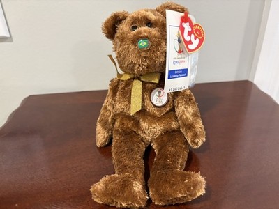 Ty  Beanie Baby Champion Bear ''Brazil '' Won Three  FIFA World Cup Trophies